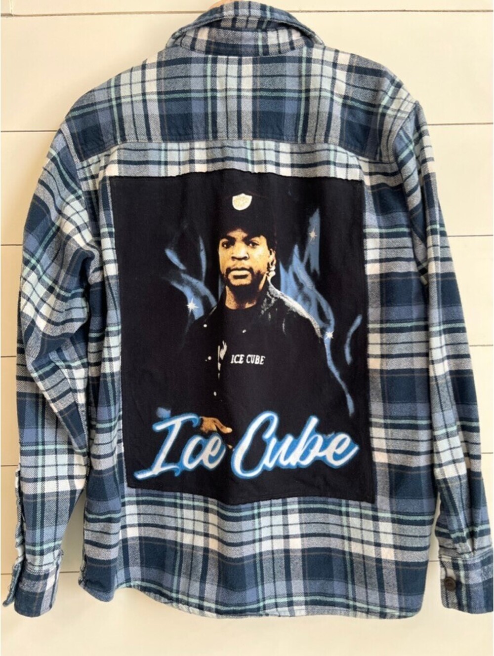 Ice Cube Upcycled Flannel Customized Men's Size L Streetwear 90's Y2K Rap